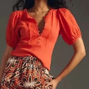 Anthropologie Pilcro Bella Ribbed Henley Top Puff Sleeve Pullover Orange Small